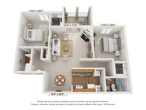 Floor plan for 2 beds, 2 baths, 1030 sqft
